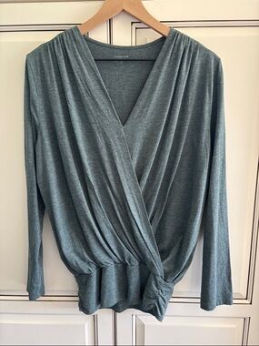 Garnet Hill Faux Wrap Top Surplice Peru Pima Cotton Blue Green Women’s Medium